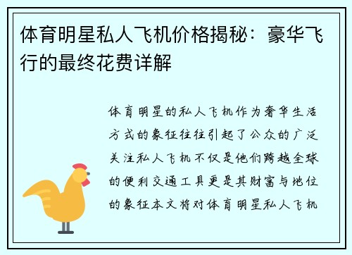 体育明星私人飞机价格揭秘：豪华飞行的最终花费详解